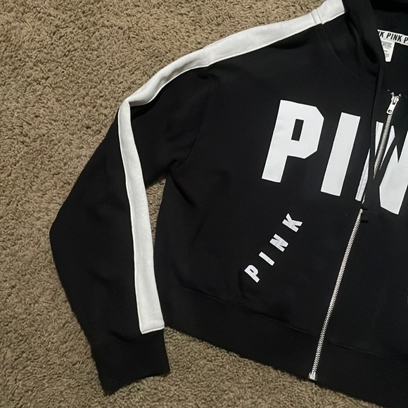 Victoria Secret “PINK” Women’s black & white zip hooded jacket Sz Large - Picture 3 of 13